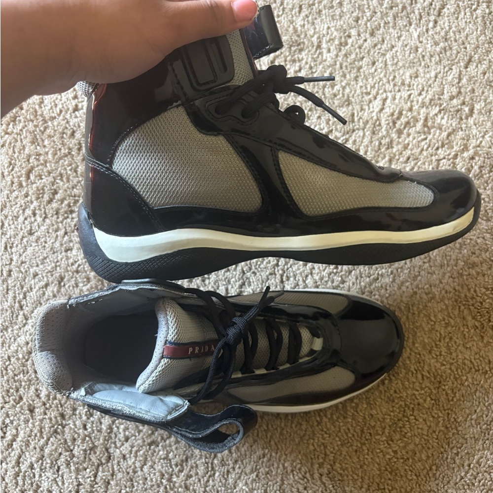 Prada Black and Gray High-Top Patent Leather Sneakers with White Midsole